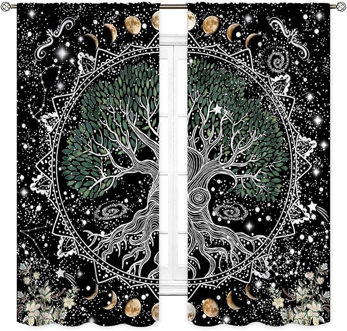 Life Tree Curtains, Hippie Sun Moon Trippy Tree of Life Bohemian Mandala Aesthetci Mystic Witchy Blackout Window Drapery Treatments for Bedroom Living Room Bathroom Decor, 63"x63" Inch