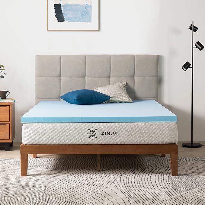 ZINUS 2 Inch Green Tea Memory Mattress Topper Cooling Gel Foam, CertiPUR-US Certified, Full, Blue