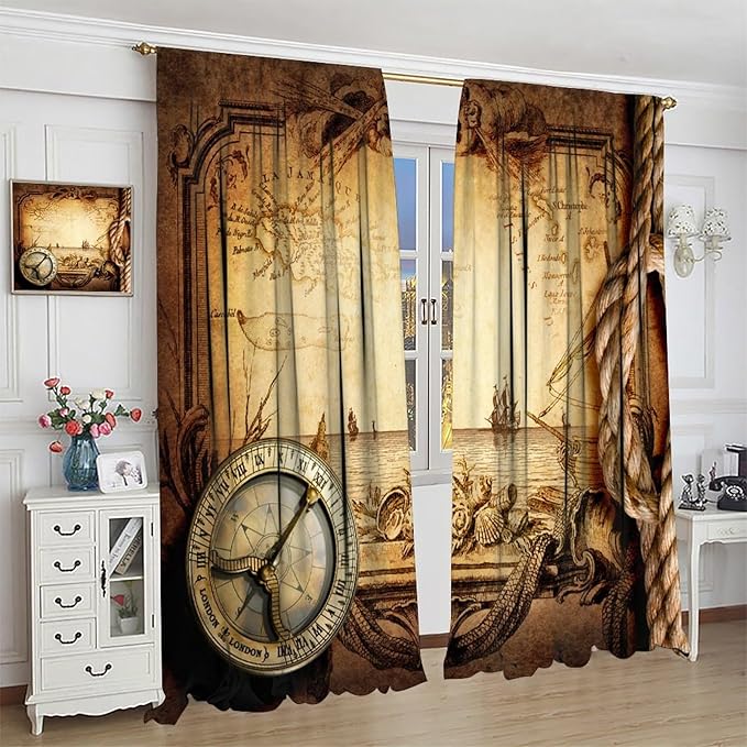 Pirate Map Curtains, Nautical Theme Old Ancient Treasure Map Secret Sea History Pattern Blackout Window Drapes for Kids Boys Bedroom Living Room 42x54 Inch