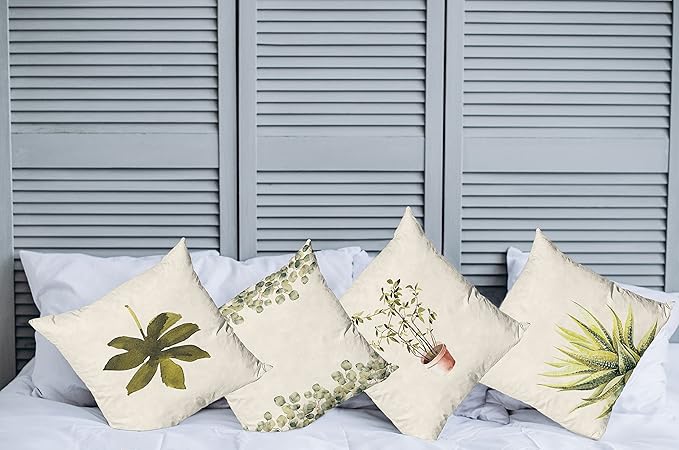Ambesonne Botanical Throw Pillow Cushion Case Pack of 4, Minimalist Watercolor Painting Leaves Agave Branches Plant in a Pot, Modern Accent Double-Sided Digital Printing, 24", Fawn Pale Green White