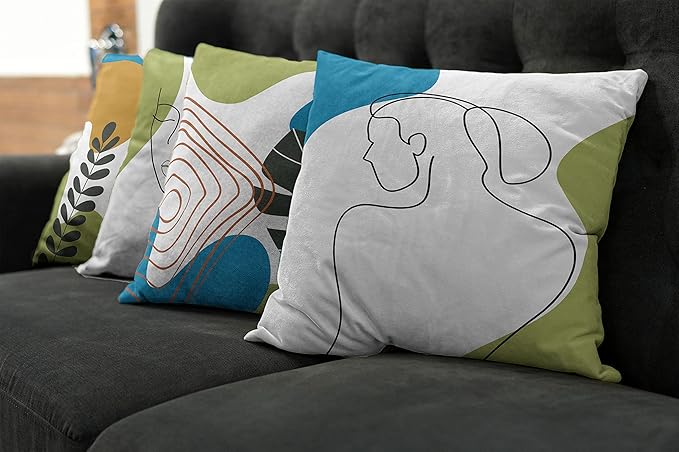 Ambesonne Minimal Throw Pillow Cushion Case Pack of 4, Modern Line Art Woman Portrait with Contemporary Leafy Geometric Details, Modern Accent Double-Sided Digital Printing, 24", Blue Green Marigold