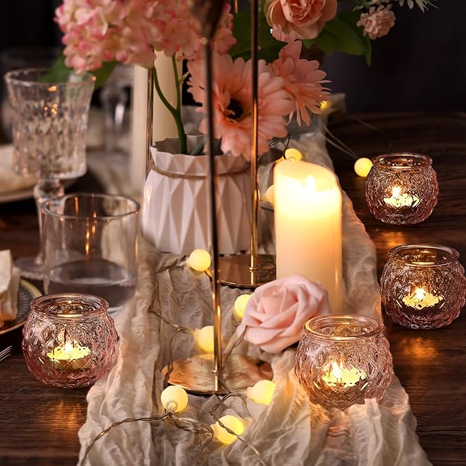 DARJEN 48Pcs Pink Votive Candle Holders- Round Candle Holders Bulk for Flameless LED Tea Waxes, Romantic Candle Holder for Wedding & Home Table Decor, Various Parties