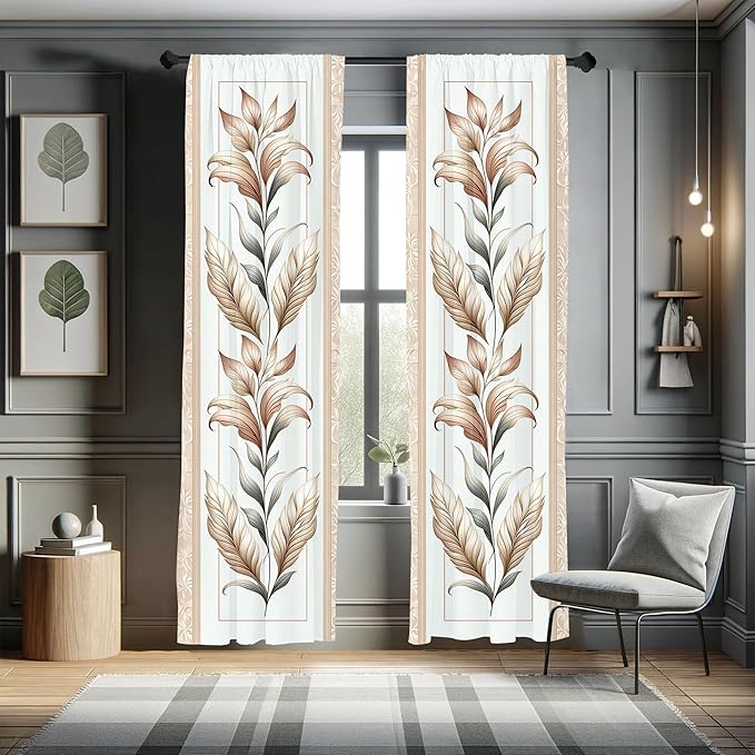 Ambesonne Vintage Window Curtains, Nostalgic and Botanical Concept Leaf Design with Antique Looking Motifs, Lightweight Decor 2-Panel Set with Rod Pocket, Pair of - 28" x 63", Ecru Pale Brown Green