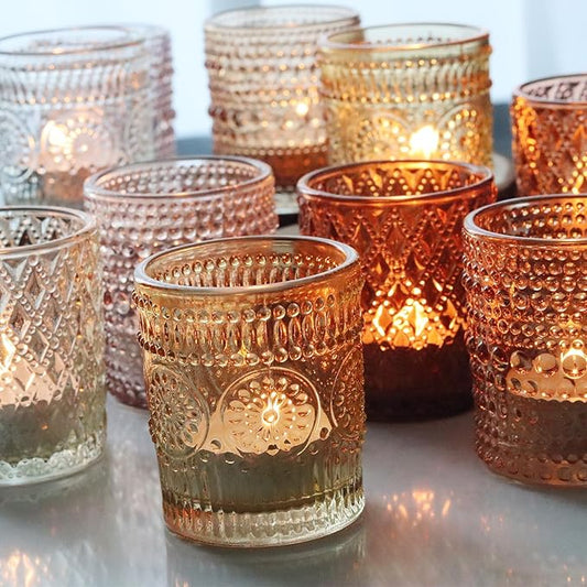 12 pcs Glass Votive Candle Holders, 6 Colors 3 Patterns Tealight Candle Holders for Fall Wedding Table Centerpiece Birthday Decoration