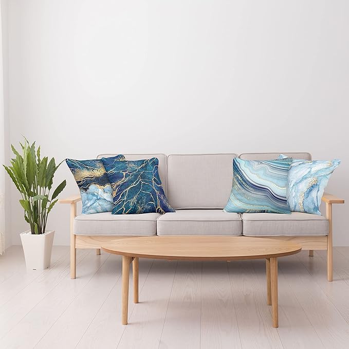 Ambesonne Marble Print Throw Pillow Cushion Case Pack of 4, Modern Themed Pastel Stone Stain Look Veins Marbling Aquatic Tones, Modern Accent Double-Sided Digital Printing, 20", Pale Blue Indigo