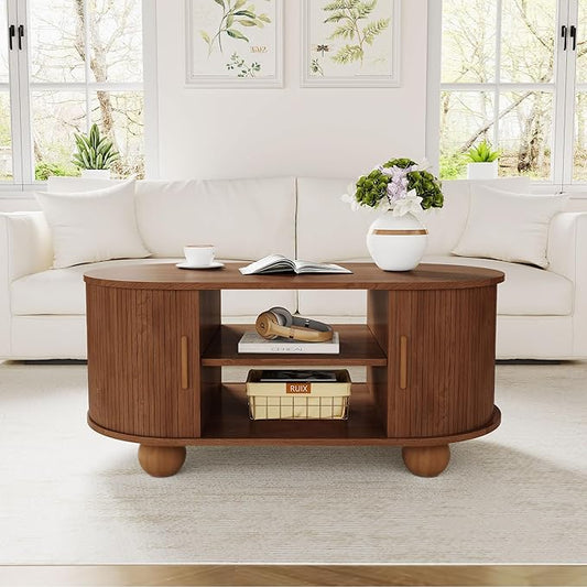 Rectangle Coffee Table, Fluted Coffee Tables for Living Room, Mid-Century Coffee Table Center Table with Storage & Sliding Doors for Apartment, Home Office (Walnut)