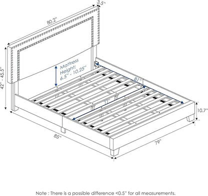 Furinno Laval Double Row Nail Head Upholstered Platform Bed Frame, King, Stone