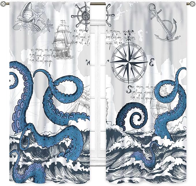 Nautical Curtains, Coastal Old Pirate Map Sailboat Compass Anchor Vintage Ocean Kraken Octopus Tentacles Blue Marine Window Drapery Treatment for Bedroom Living Room Kitchen Bathroom, 63"x63" Inch