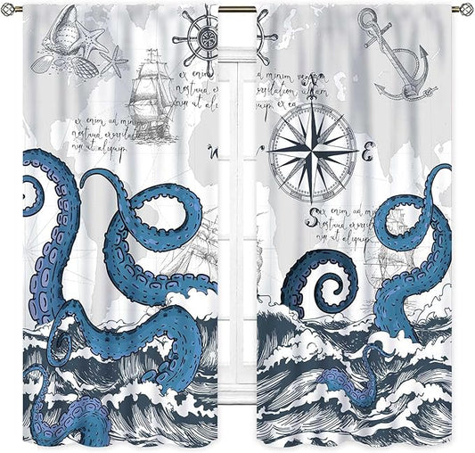 Nautical Curtains, Coastal Old Pirate Map Sailboat Compass Anchor Vintage Ocean Kraken Octopus Tentacles Blue Marine Window Drapery Treatment for Bedroom Living Room Kitchen Bathroom, 52"x84" Inch
