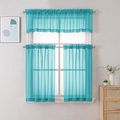 Chyhomenyc Sheer Turquoise Tier Curtains 24 Inch Length, Small Window Curtains Treatment for Bathroom Living Room Basement, Short Rod Pocket Cafe Curtain, 42W x 24L Inches, 2 Panels