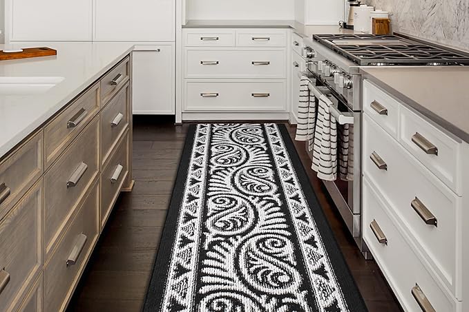 Custom Length Cut to Size Tribal Ethnic Southwestern Inspired Hallway Runner Rug, Non Slip Rubber Backed, 31 inch Wide X Customized Length, Mayan Black, 31 inch X 23 feet