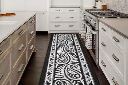 Custom Length Cut to Size Tribal Ethnic Southwestern Inspired Hallway Runner Rug, Non Slip Rubber Backed, 31 inch Wide X Customized Length, Mayan Black, 31 inch X 23 feet