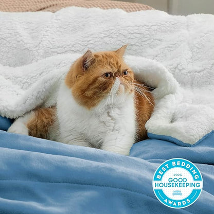 Bedsure GentleSoft Sherpa Fleece Blankets Queen Size for Bed - Thick and Warm Throw for Women and Men, Soft Fuzzy Plush Queen Blanket for Winter, Washed Blue, 90x90 Inches