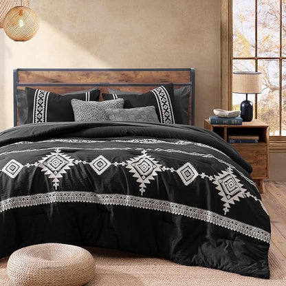 MaiRêve Embroidery California King Size Comforter Set Charcoal Black, Boho Farmhouse Western Bedding Set 7 Pieces, All Season Bed in A Bag Comforter Set with Sheets, Pillowcases & Shams