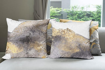 Ambesonne Marble Print Throw Pillow Cushion Case Pack of 4, Modern Art Design Paintbrush Stains Look with Mountains and Sun, Modern Accent Double-Sided Digital Printing, 16", Mustard and Taupe Grey
