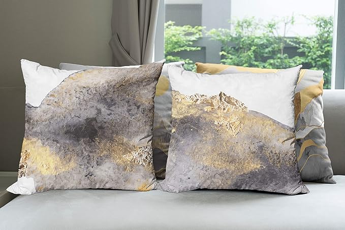 Ambesonne Marble Print Throw Pillow Cushion Case Pack of 4, Modern Art Design Paintbrush Stains Look with Mountains and Sun, Modern Accent Double-Sided Digital Printing, 20", Mustard and Taupe Grey