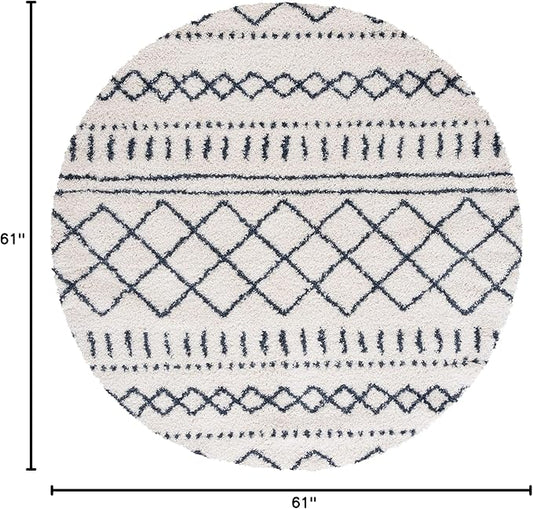 SAFAVIEH Arizona Shag Collection Area Rug - 5'1" Round, Ivory & Slate, Moroccan Design, Non-Shedding, 1.6-inch Thick, Ideal for High Traffic Areas in Living Room, Bedroom (ASG741M-5R)