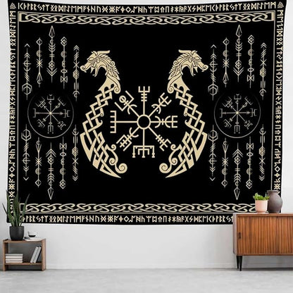 OSUNBD Nordic Vikings Tapestry, Large 11878 inches Soft Flannel, Vegvsir Symbol Twins Dragons Celtic Rune Scandinavian Aesthetic Mythology Tapestry Wall Hanging for Bedroom Living Room Decor