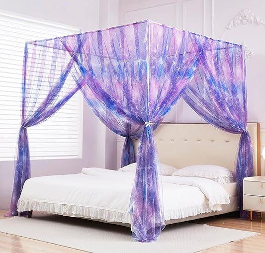 Mengersi Tie Dye Canopy Bed Curtains with Lights,Gradient Ombre Bed Canopy for Girls,Canopy for Bed Princess Bed Drapes for Girls Room Decor(King,Purple)