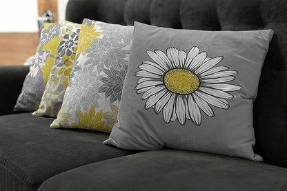 Ambesonne Floral Throw Pillow Cushion Case Pack of 4, Flower Petals Modern Color Palette Chamomile Peony Dahlia and Sunflower Print, Modern Accent Double-Sided Digital Printing, 20", Yellow and Grey