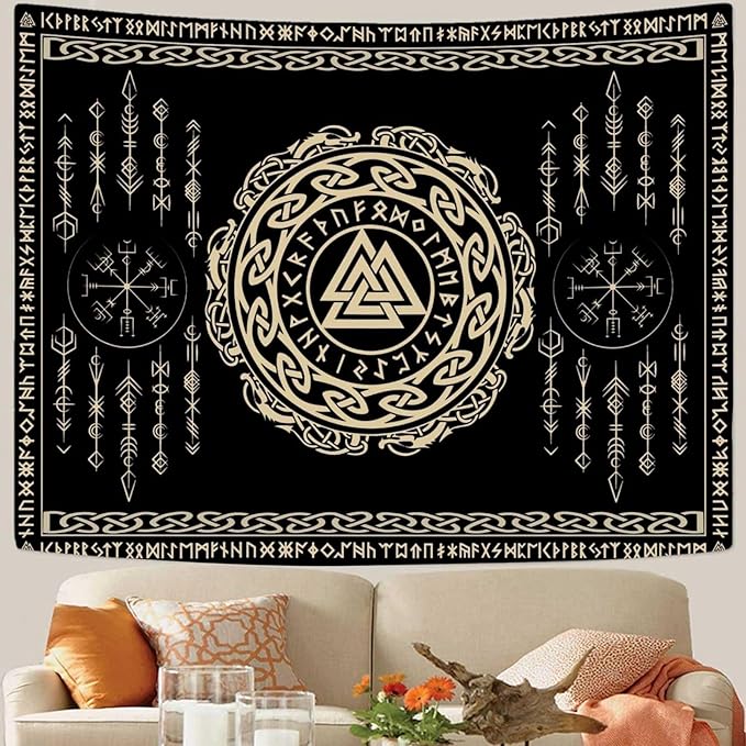 OSUNBD Nordic Viking Tapestry Wall Hanging - Large 84x90 inches Soft Flannel with Valknut, Celtic Runes & Norse Mythology Scandinavian for Bedroom, Living Room Decor