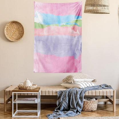Lunarable Abstract Tapestry Twin Size, Paintbrush Watercolor Large Pastel Horizontal Stripes in Various Tones Boho Print, Wall Hanging Bedspread Bed Cover Wall Decor, Twin Size, Lilac Pink