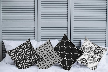 Ambesonne Vintage Throw Pillow Cushion Case Pack of 4, Monochrome Design Grid Trellis Quatrefoil Mesh and Dahlia Flowers Modern, Modern Accent Double-Sided Digital Printing, 24", Charcoal Grey White