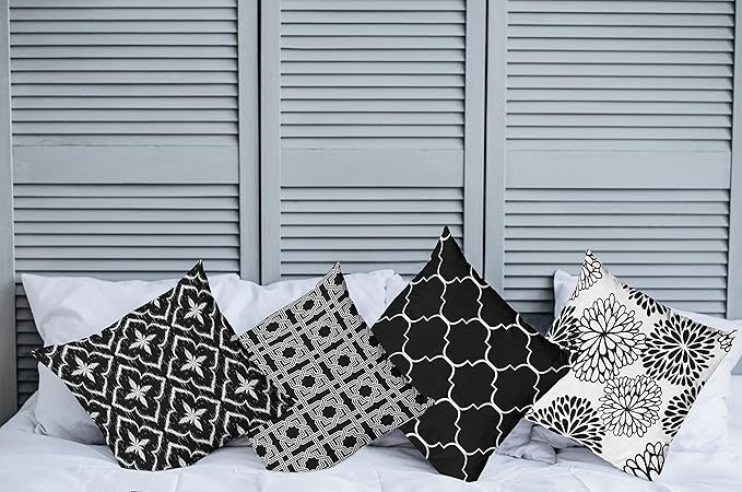 Ambesonne Vintage Throw Pillow Cushion Case Pack of 4, Monochrome Design Grid Trellis Quatrefoil Mesh and Dahlia Flowers Modern, Modern Accent Double-Sided Digital Printing, 18", Charcoal Grey White