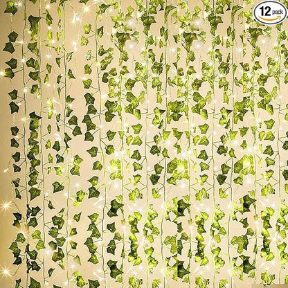 KASZOO 84Ft 12 Pack Artificial Ivy Garland Fake Plants, Vine Hanging Garland with CE Certified 80 LED String Light, Hanging for Home Bedroom Garden Party Wedding Wall Room Decor, Green