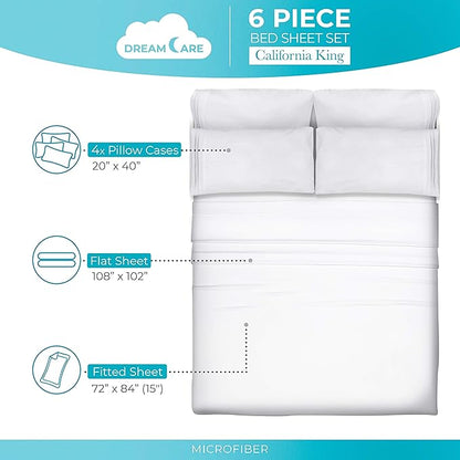 DREAMCARE California King Sheet Sets – 6 pcs Cooling Bed Sheets – up to 15” Deep Cal King Sheets – 2500 Supreme Collection – Extra Soft 100% Brushed Microfiber Hotel Luxury with Side Pocket – White