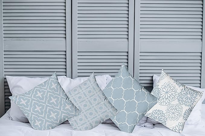 Ambesonne Vintage Throw Pillow Cushion Case Pack of 4, Monochrome Design Grid Trellis Quatrefoil Mesh and Dahlia Flowers Modern, Modern Accent Double-Sided Digital Printing, 20", Pale Cadet Blue White