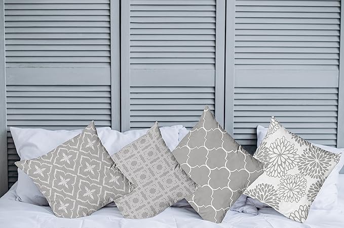Ambesonne Vintage Throw Pillow Cushion Case Pack of 4, Monochrome Design Grid Trellis Quatrefoil Mesh and Dahlia Flowers Modern Print, Modern Accent Double-Sided Digital Printing, 24", Grey White