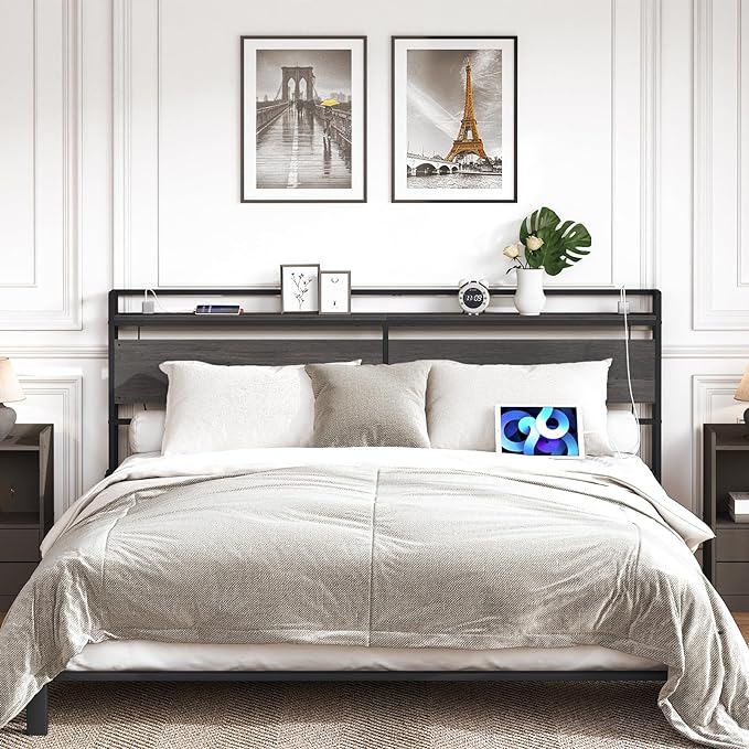HOOBRO King Size Headboard, Headboard with 2 Outlets and 4 USB Ports, Adjustable Height, Storage Rack, Sturdy and Stable, Easy Assembly, Charcoal Gray and Black