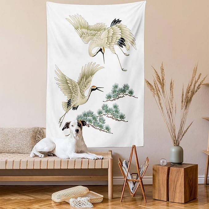 Lunarable Bird Tapestry Twin Size, 2 Japanese Cranes Flying Traditional Painting Style Far Eastern Illustration, Wall Hanging Bedspread Bed Cover Wall Decor, Twin Size, Ivory Green Black