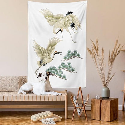 Lunarable Bird Tapestry Twin Size, 2 Japanese Cranes Flying Traditional Painting Style Far Eastern Illustration, Wall Hanging Bedspread Bed Cover Wall Decor, Twin Size, Ivory Green Black