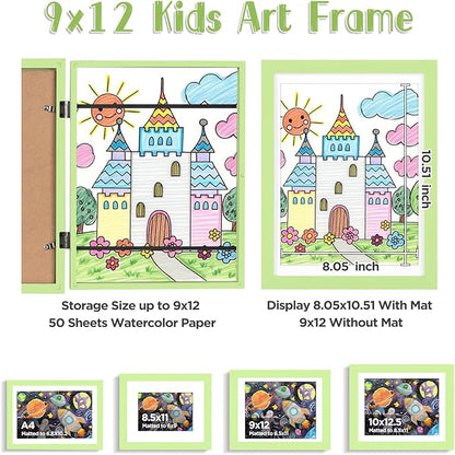 KINLINK 9x12 Kids Art Frames Set of 2, Solid Wood Kids Artwork Frames Changeable with Acrylic Front Opening Holds 150 Pictures, Art Frame for Kids Artwork with Mat or without Mat, Light Green