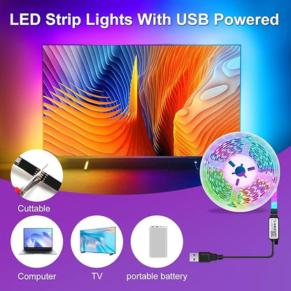 LED Strip Lights, 50ft Smart RGB Music Sync Bluetooth App & Remote Control, USB-Powered LED Lights for TV, Gaming, Bedroom, PC, Home Theater,Parlor,Room