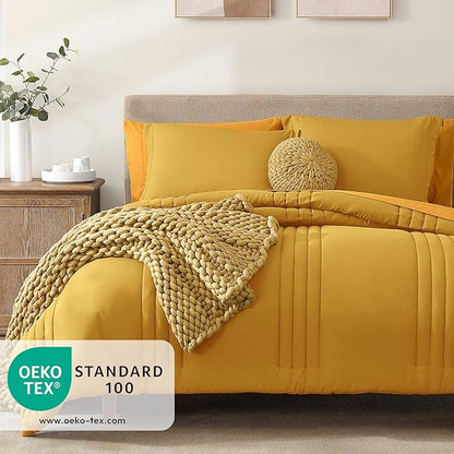 Monbix Queen Comforter Set - 7 Pieces Bright Yellow Bed in a Bag Queen Bedding Sets with Comforters, All Seasons Down Alternative Comforter Bed Set with Sheets,Pillowcases & Shams