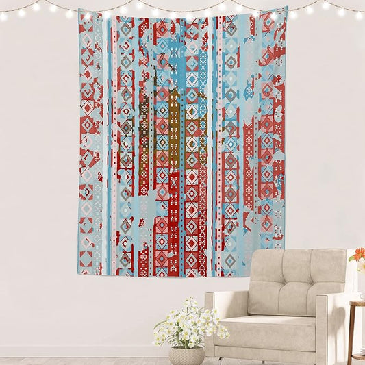 Batmerry Blue Grey Boho Garbage Tapestry, Red Wall Art Hanging Decoration Polyester Fiber White Ruffled Around for Dorm Room Bedroom Living Room, 59.1x51.2 inches