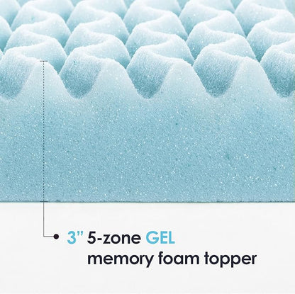 Mellow 3 Inch 5-Zone Memory Foam Mattress Topper, Cooling Gel Infusion, Dorm Essentials, Full Blue