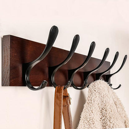SKOLOO Coat Rack Wall Mount - Wooden Brown Wall Coat Hook, Pack of 2, Wall Coat Hanger Rack with 6 Hooks for Hanging Coats, Hats, Clothing, Scarfs, Brown & Black