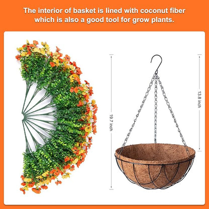 Fake Mums Artificial Fall Flowers with Hanging Baskets Outdoors for Decoration Faux mums for outdoor planters Daisy Flower with Eucalyptus Leaves for Porch Home Patio Balcony and Yard Autumn Decor