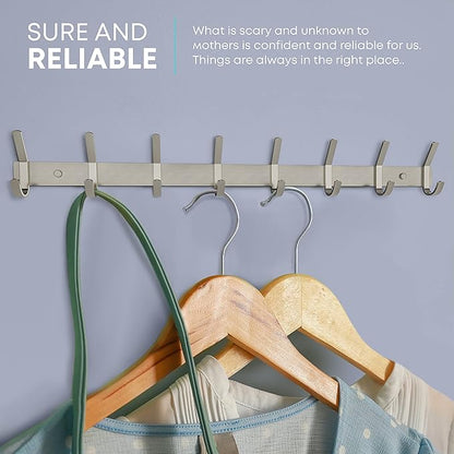 Coat Rack Wall Mount – Brushed Nickel 24 Inch Stainless Steel Hook Rail with 8 Heavy Duty Double Coat Hooks – Wall Mounted Coat Hanger for Entryway, Bathroom, Bedroom, Towel, Hat Organizer