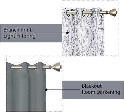 BONZER Mix and Match Curtains - 2 Pieces Branch Print Sheer Curtains and 2 Pieces Blackout Curtains for Bedroom Living Room Grommet Window Drapes, 37x95 Inch/Panel, Light Grey, Set of 4 Panels