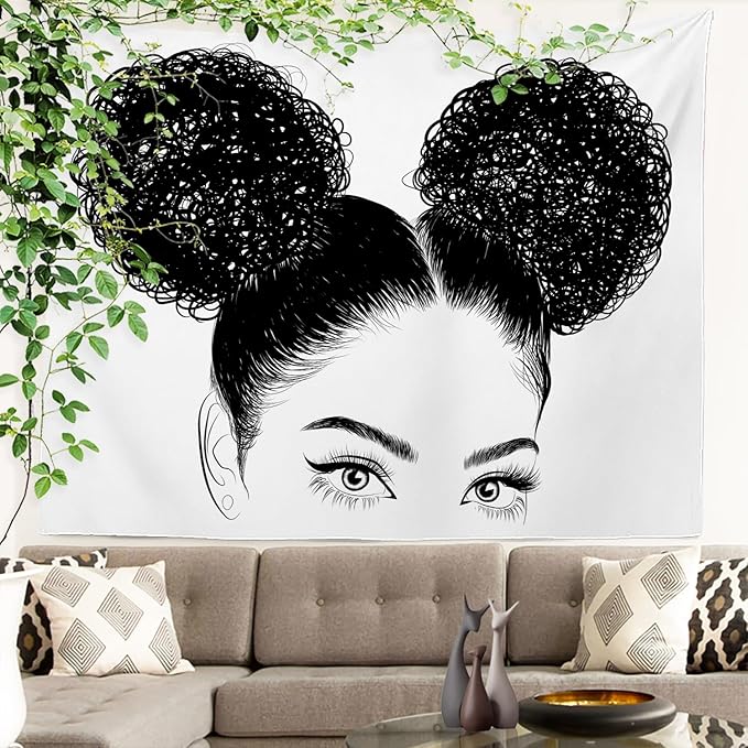 Batmerry Black American Afro Tapestry, White Graphic Woman Wall Art Hanging Decoration Polyester Fiber White Ruffled Around For Dorm Room Bedroom Living Room, 35 X 47 Inches