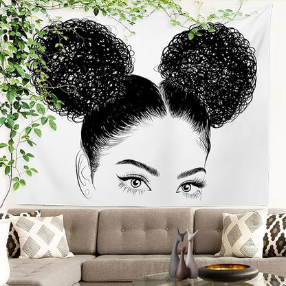 Batmerry Black American Afro Tapestry, White Graphic Woman Wall Art Hanging Decoration Polyester Fiber White Ruffled Around For Dorm Room Bedroom Living Room, 35 X 47 Inches