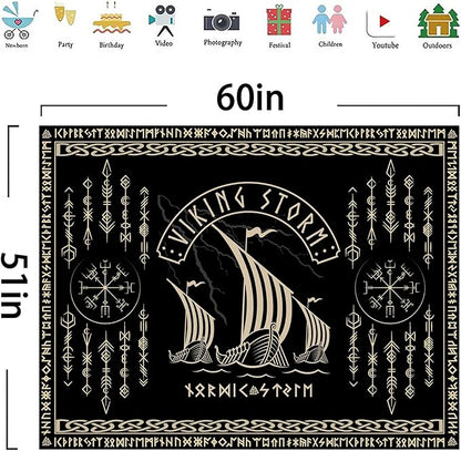 OSUNBD Viking Warship Tapestry Wall Hanging - Small 60x51inches Storm & Celtic Runes on Soft Flannel Aesthetic Mythology Tapestries Norse Mythology Art for Bedroom, Living Room Decor
