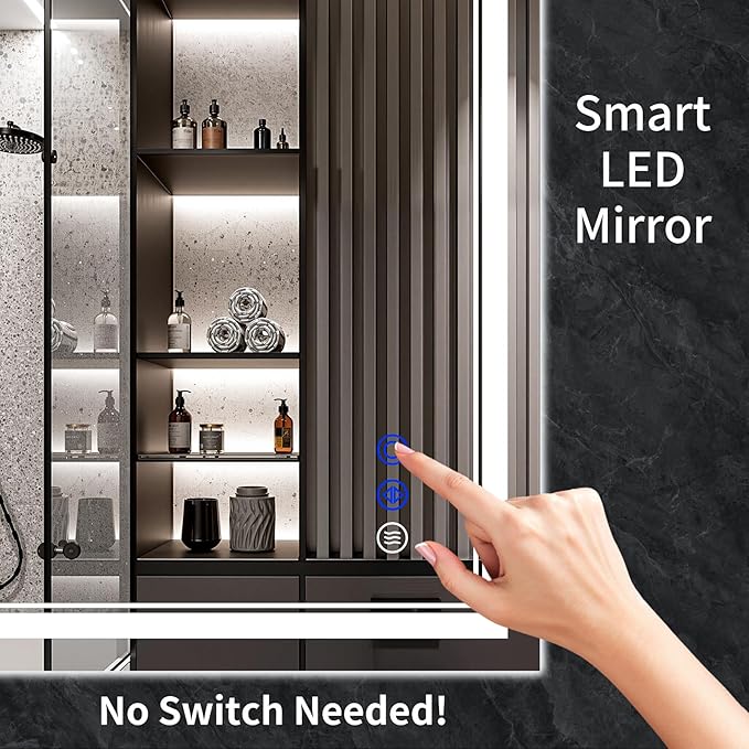 36"x28" LED Bathroom Mirror with Anti-Fog, Stepless Dimmable Lights, 3 Color Modes, Shatter-Proof Tempered Glass, Memory Function & Waterproof Design