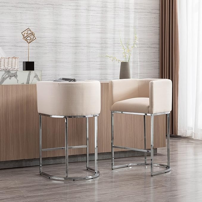 Modern Counter Height Linen Upholstered Bar Stools Set of 2, 29" Kitchen Counter Island Stools Bar Chairs with Chrome Finish Metal Frame for Kitchen Island, Cream