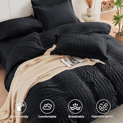 HYMOKEGE Black California King Comforter Set Seersucker 7 Pieces, All Season Luxury Bed in a Bag for Bedroom, Bedding Set with Comforters, Sheets, Pillowcases & Shams